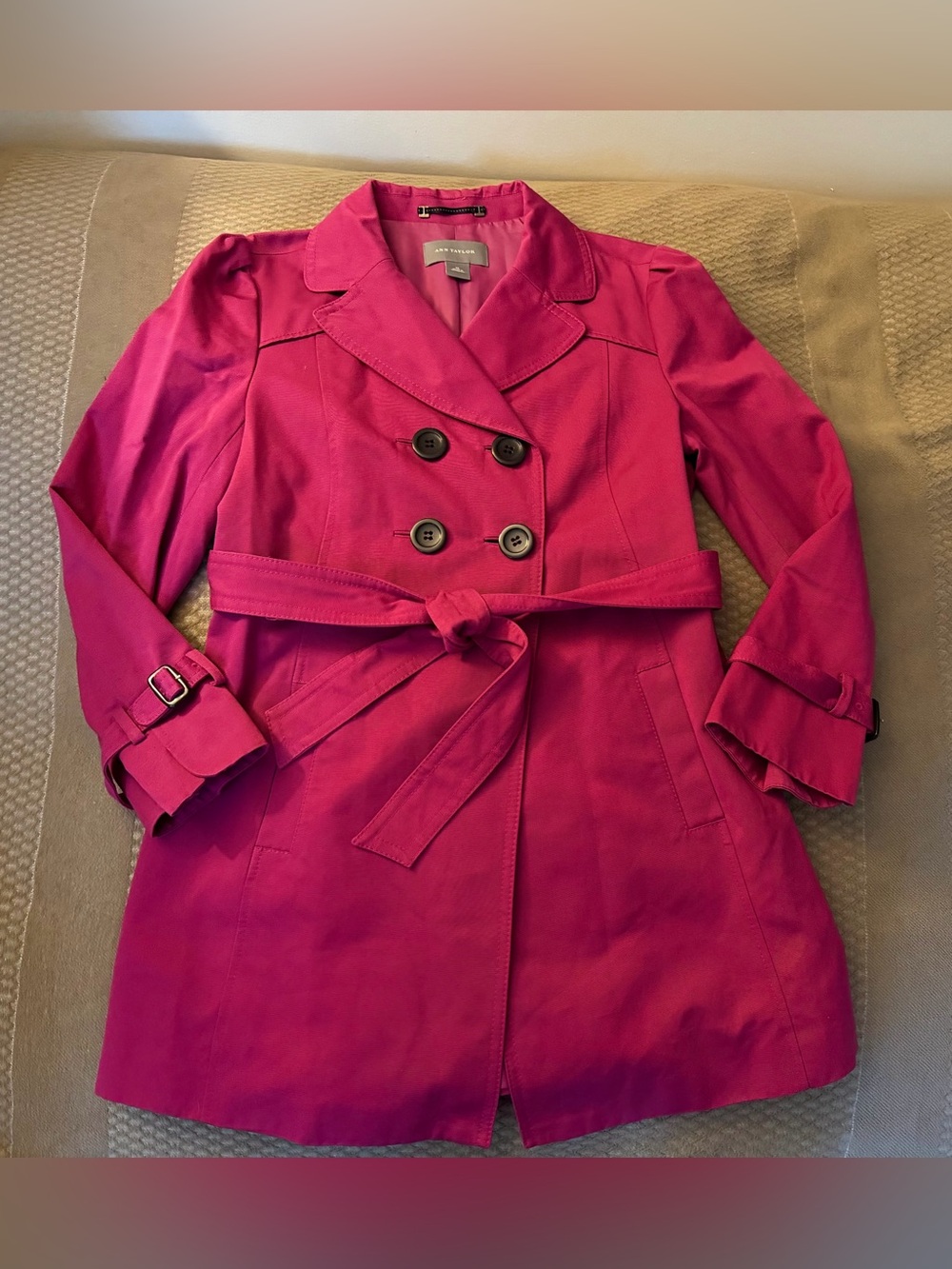 Ann Taylor Fuchsia Double-Breasted Trench Coat with Belt